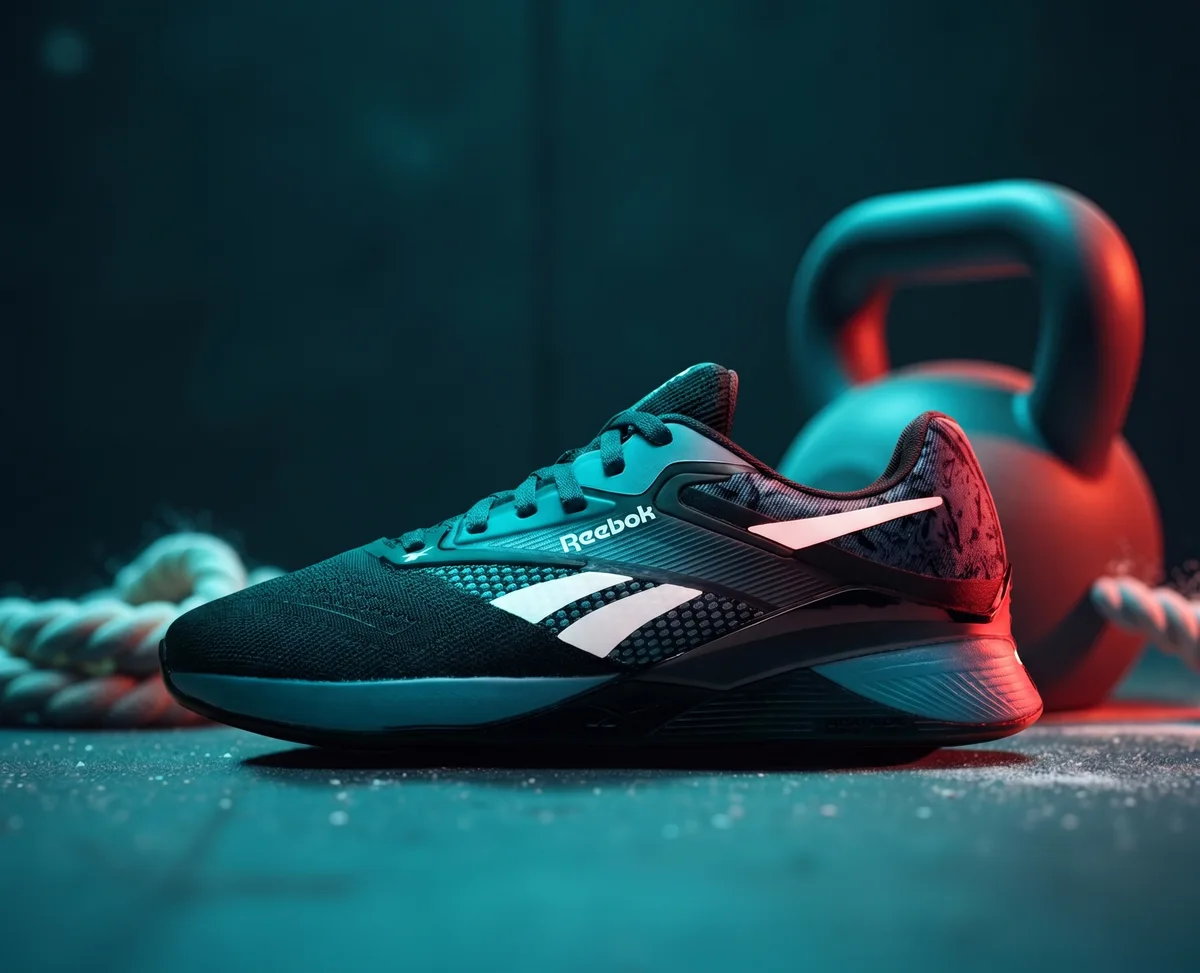 Zapatilla de entrenamiento Reebok junto a una pesa rusa